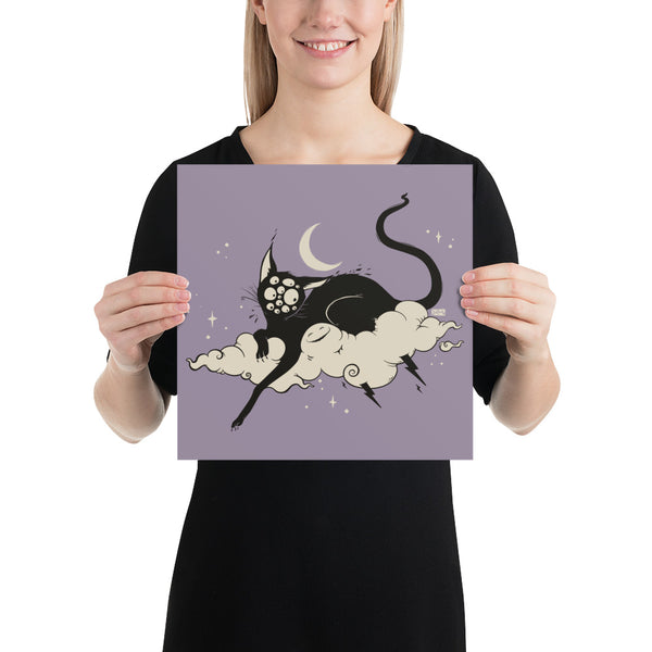 Black Cat On Cloud, Matte Art Print Poster