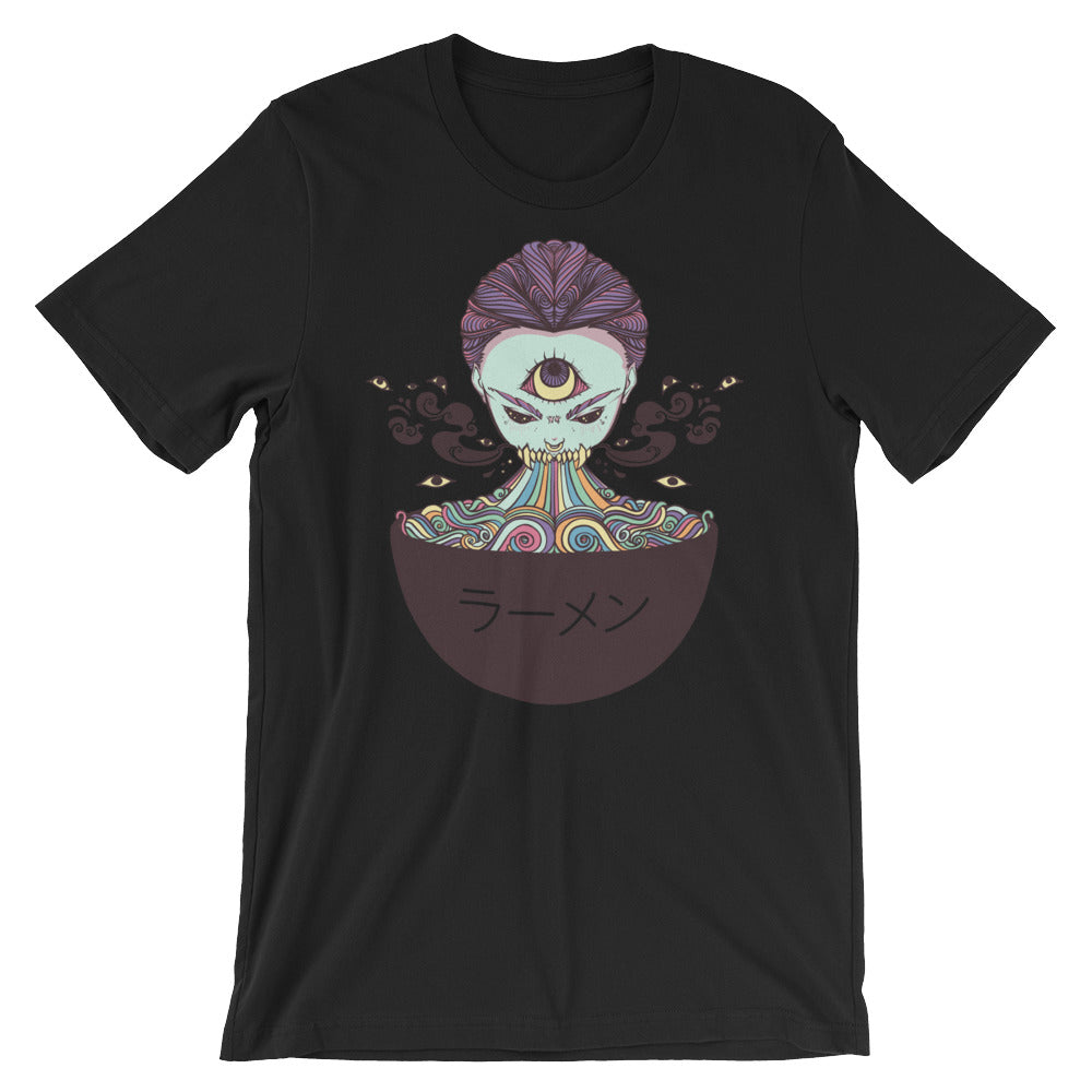 Magic rainbow ramen illustration on a black unisex t-shirt, featuring vibrant colors and Japanese text.