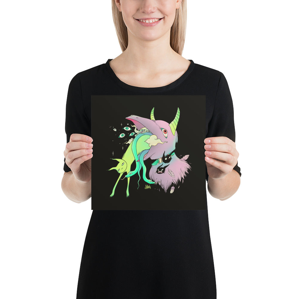 Bird & Cat Cartoon Art Print, Witchy Wall Art
