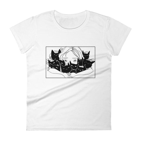 Girl Hugging Cats, Ladies T-Shirt, White