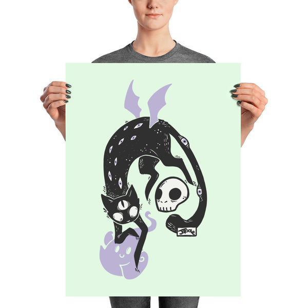 Kuro black cat art print poster featuring a skull and ghost, on archival paper, showcasing playful design.