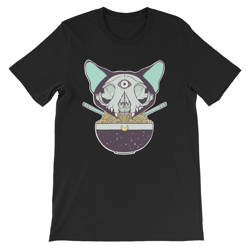 Cat skull design with ramen on a black unisex t-shirt, featuring unique illustration and comfortable fit.