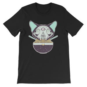 Cat skull design with ramen on a black unisex t-shirt, featuring unique illustration and comfortable fit.