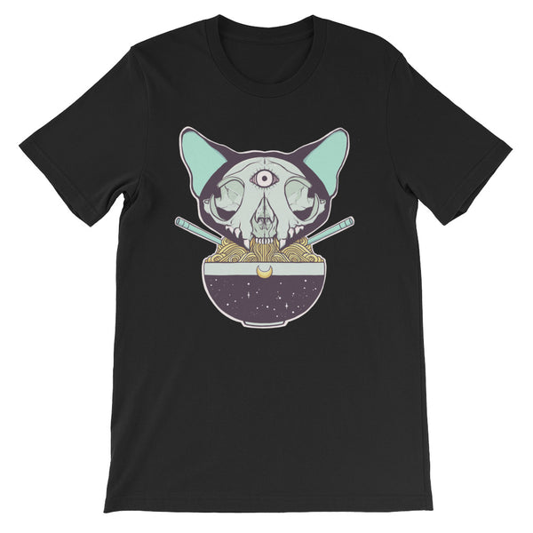 Cat skull design with ramen on a black unisex t-shirt, featuring unique illustration and comfortable fit.