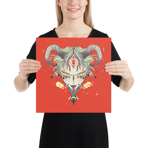 Matte art print of a third eye witch illustration held by a woman, featuring vibrant colors and intricate details.