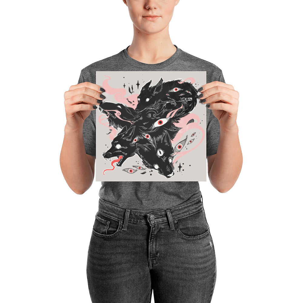 Person holding Many Eyes Many Black Wolves matte art print poster featuring original wolf illustration.