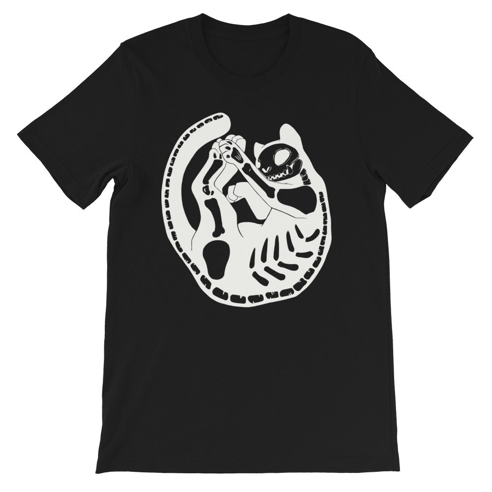 Black Cat Skeleton Graphic Tee, Halloween Skull T Shirt