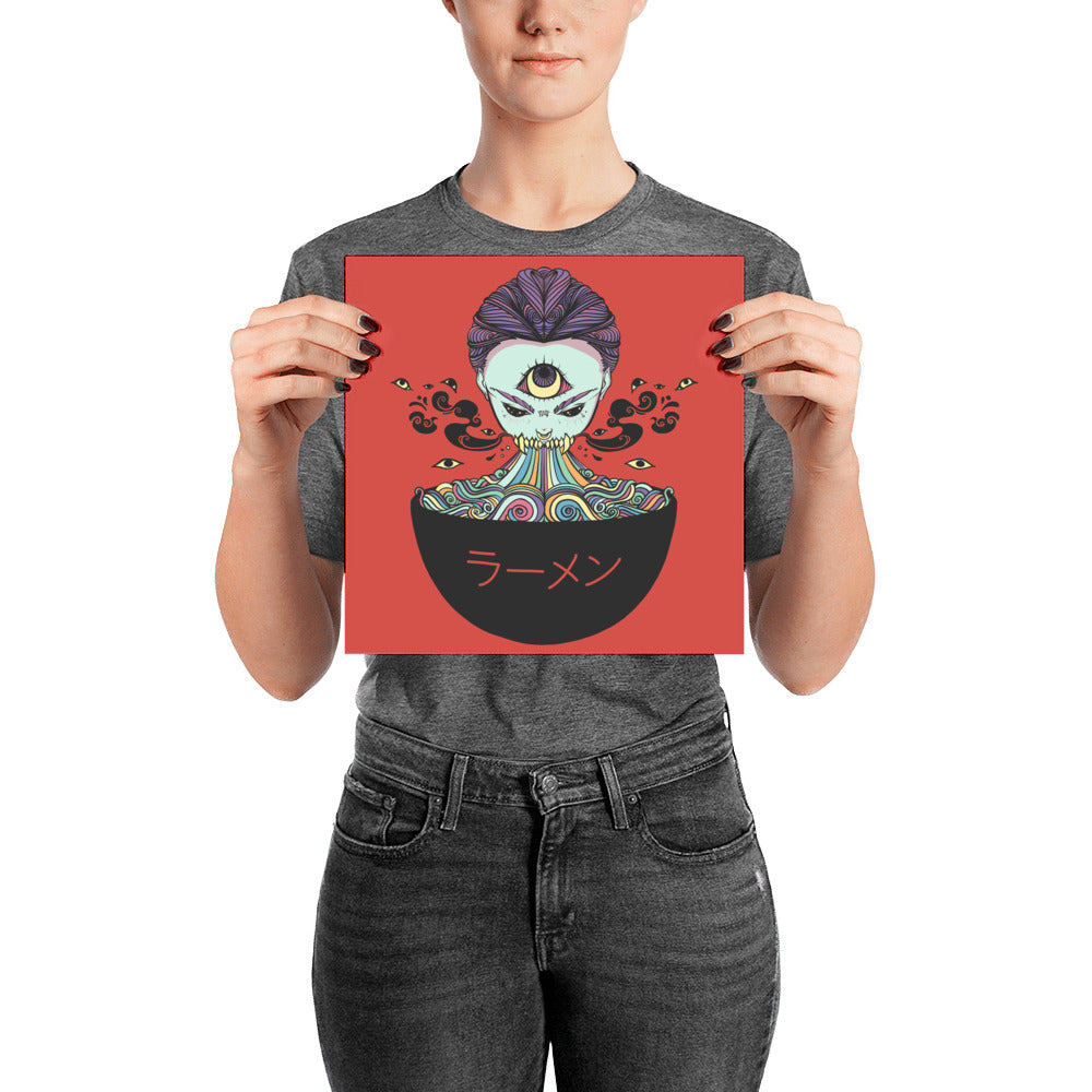 Art print featuring a whimsical ramen bowl illustration with an eye character, vibrant colors, and Japanese text.