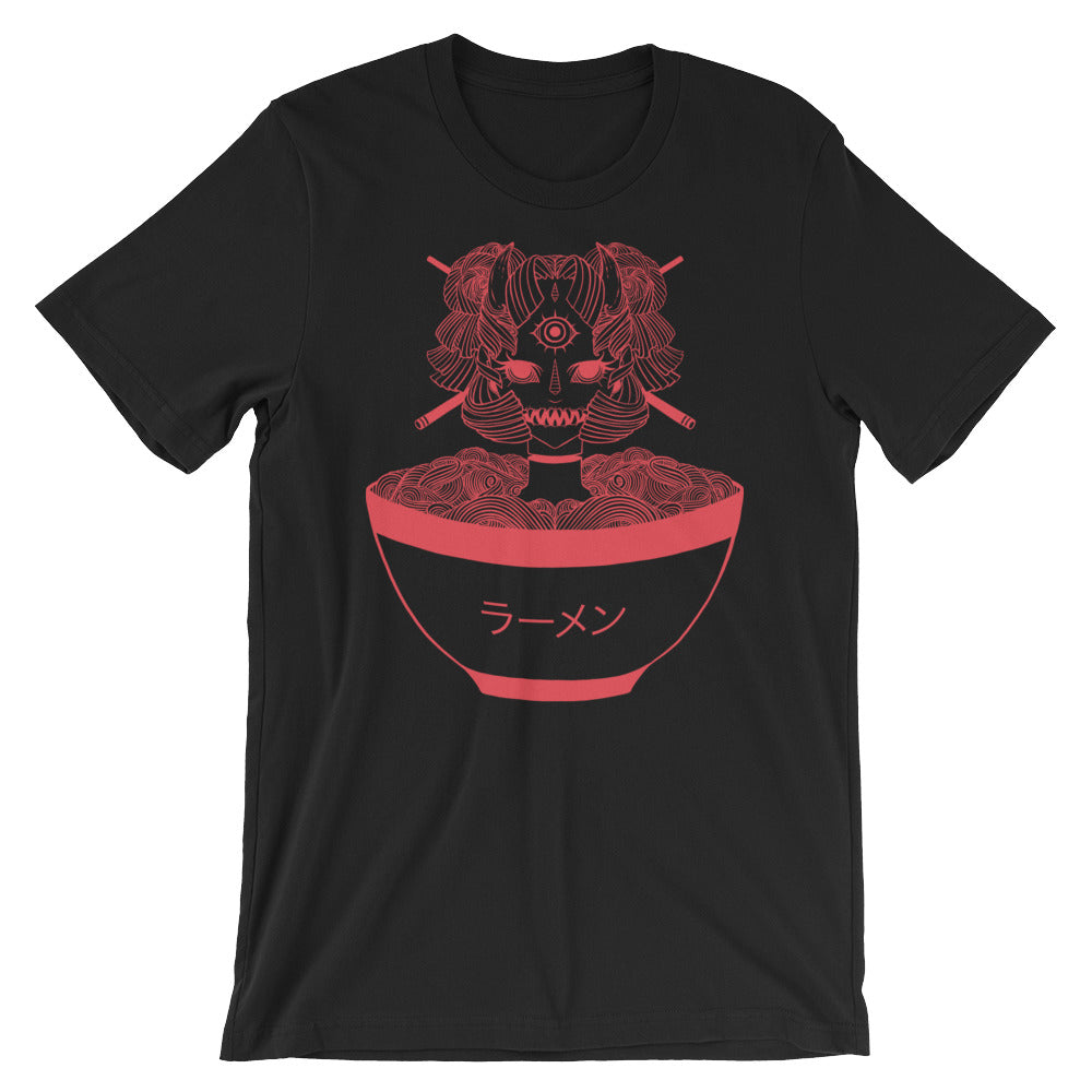 Monster ramen graphic on a black unisex t-shirt, featuring a striking red illustration of a creature and ramen bowl.