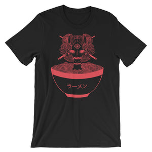 Monster ramen graphic on a black unisex t-shirt, featuring a striking red illustration of a creature and ramen bowl.