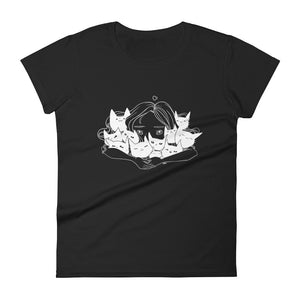 Girl Hugging Cats, Ladies T-Shirt, Black