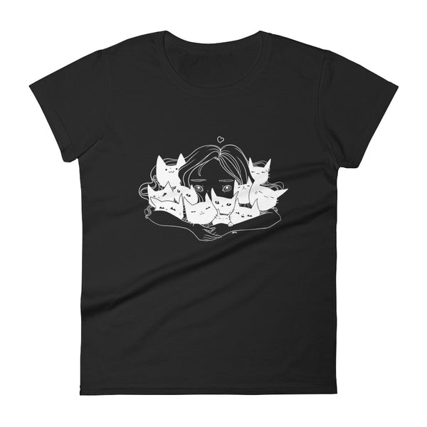 Girl Hugging Cats, Ladies T-Shirt, Black