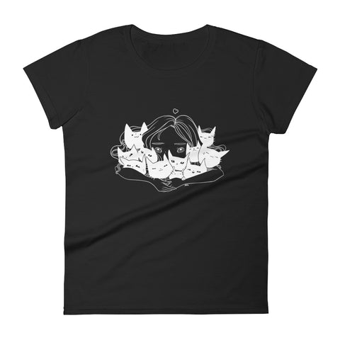 Girl Hugging Cats, Ladies T-Shirt, Black