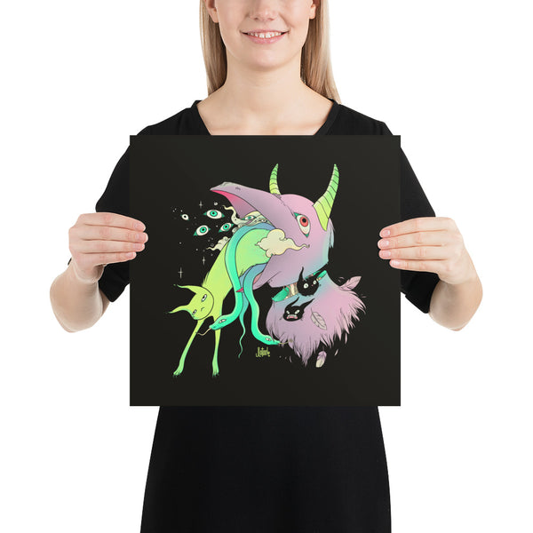 Bird & Cat Cartoon Art Print, Witchy Wall Art