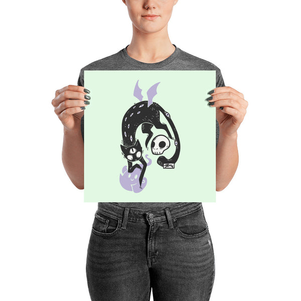 Matte art print poster featuring Kuro, a black cat with a skull and ghost, on archival paper.