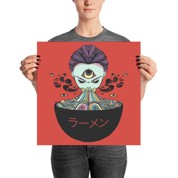 Art print of a whimsical ramen bowl illustration with mystical elements and Japanese text, held by a person.