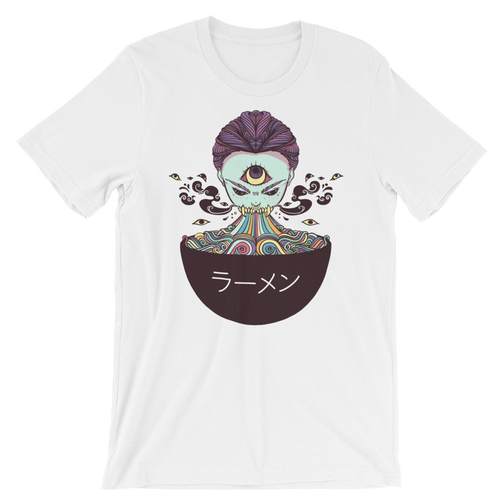 Magic Rainbow Ramen graphic design on a white unisex t-shirt, featuring colorful illustration and Japanese text.