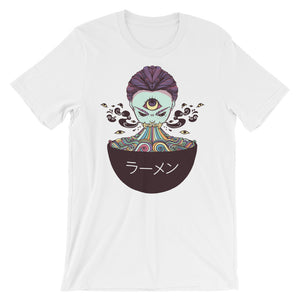 Magic Rainbow Ramen graphic design on a white unisex t-shirt, featuring colorful illustration and Japanese text.