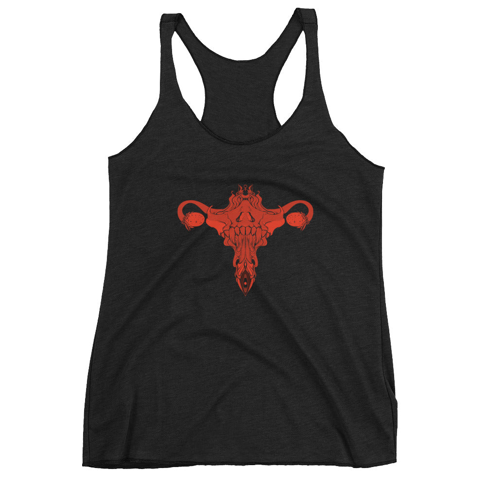 Black racerback tank top featuring unique death metal uterus artwork, ultra-soft and perfect for workouts.