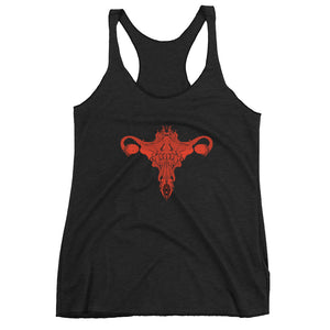 Black racerback tank top featuring unique death metal uterus artwork, ultra-soft and perfect for workouts.