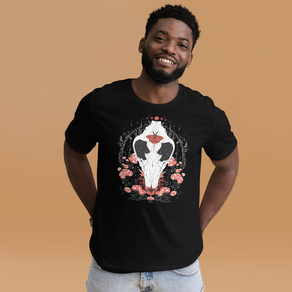 model wearing a gothic tshirt of a wolf skull and mushrooms