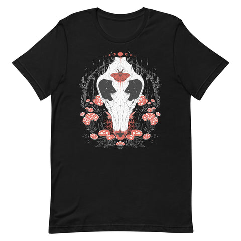 Amanita Muscaria Mushroom And Canis Lupus Wolf Skull Unisex T-Shirt
