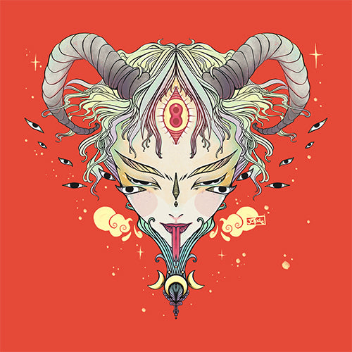 Third Eye Witch matte art print poster featuring a mystical figure with ram horns and an eye on a vibrant red background.